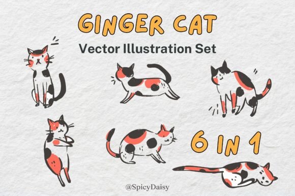 Calico Cat Hand Drawn Vector Set 6 in 1