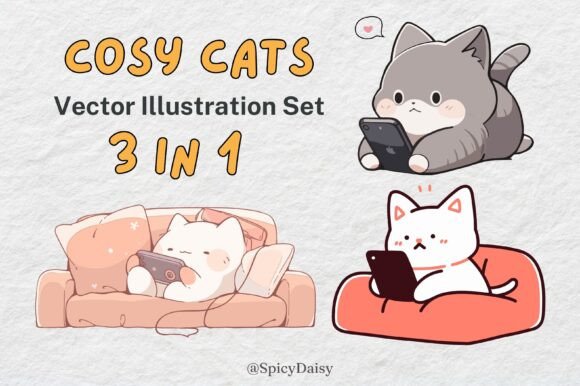 Cat and Phone Drawing 3 in 1 Vector Set