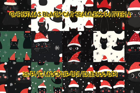 Christmas Black Cat Seamless Pattern Background Bundle