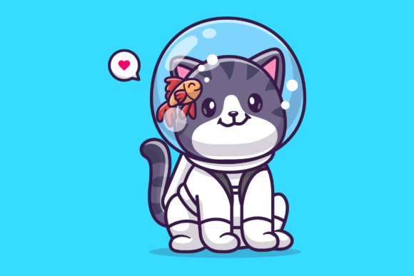 Cute Cat Astronaut Sitting with Fish