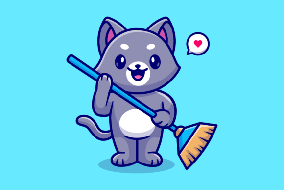 Cute Cat Holding Broom Cartoon