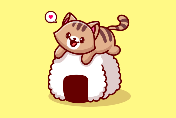 Cute Cat on Onigiri Cartoon Illustration