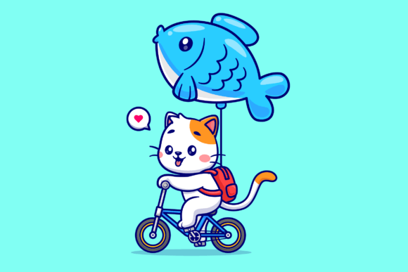 Cute Cat Riding Bicycle with Fish