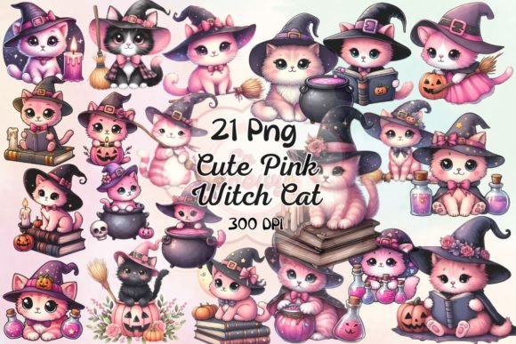 Cute Pink Witch Cat Halloween Watercolor