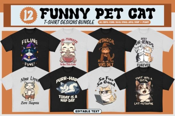 Funny Pet Cat T-shirt Design Bundle