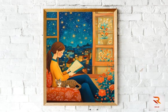 Girl Loves Reading Book with Her Cat