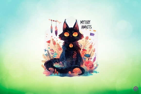 Halloween Black Cat MYSTERY AWAITS Clipart PNG