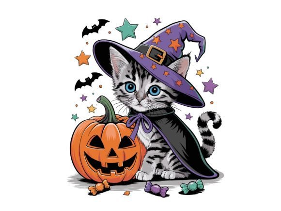 Halloween Witch Cat with Pumpkin Vector
