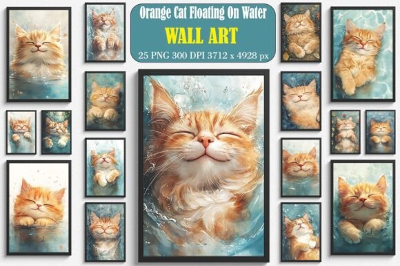 Happy Orange Cat Floating on Water Art Bundle