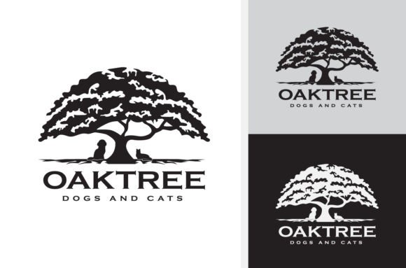 Oak Tree Silhouette Dog and Cat