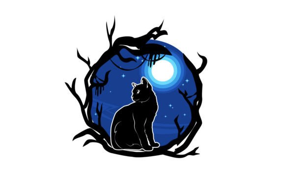 Spooky Cat Illustration in Trees Night