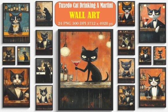 Tuxedo Cat Drinking a Martini Wall Art Bundle