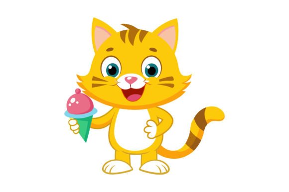 Yellow Cat Happily Eating Ice Cream